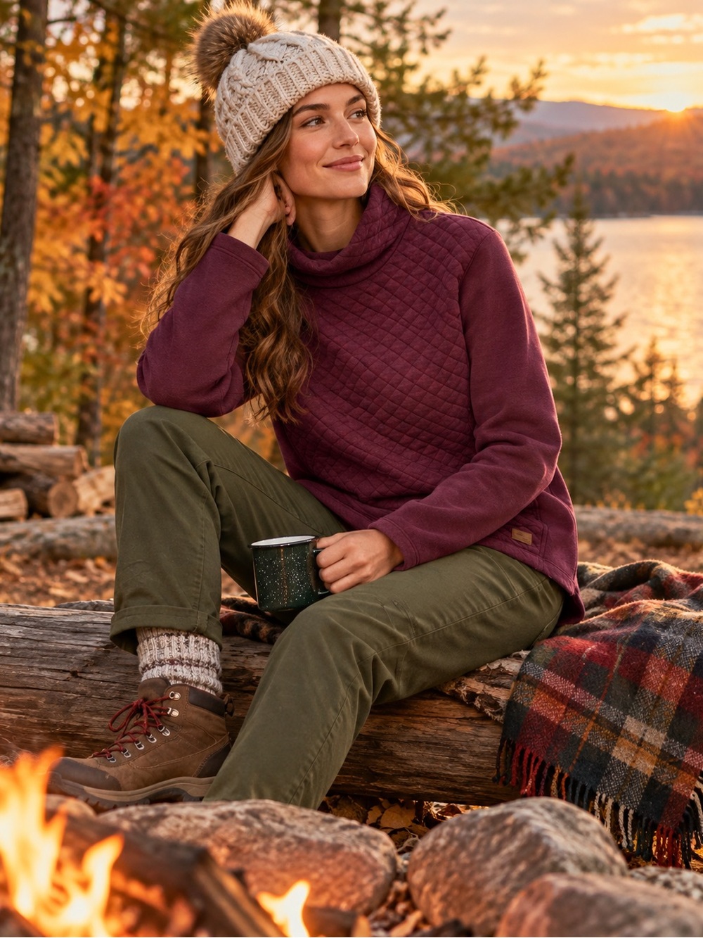 L.L.Bean Quilted Mockneck Pullover Women S Burgundy Cotton Blend 307985